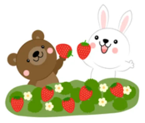 Brown bear and white bunny standing together in a strawberry patch, each holding bright red strawberries with green leaves, among green bushes and white flowers.