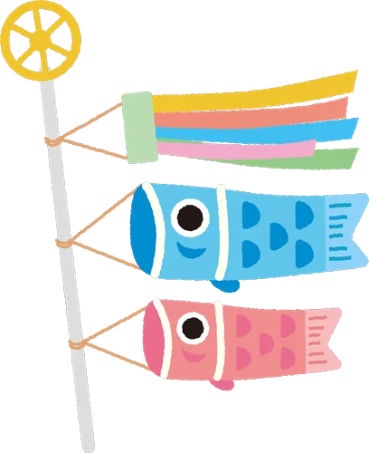 Three koinobori (carp windsocks) on a vertical pole—blue, pink, and green—under a yellow decorative wheel at the top.