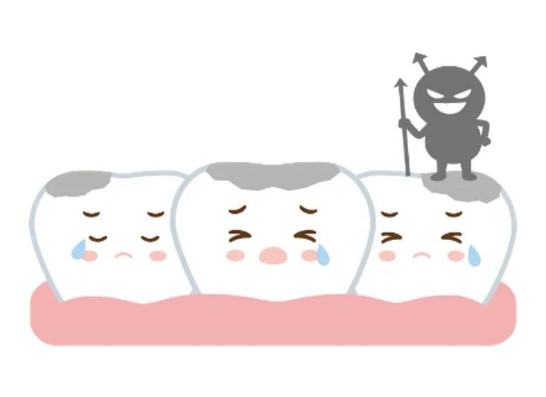 Three sad teeth with tears on pink gums, with a grey plaque monster standing on the right.