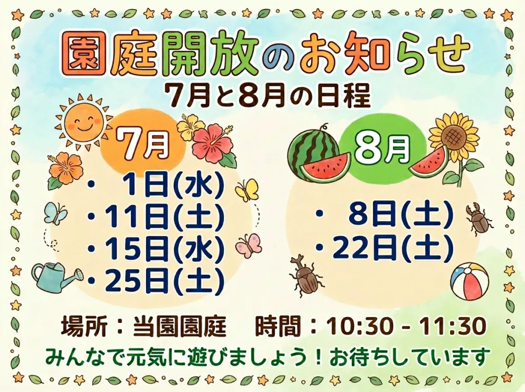 7月8月開放日 - 幼稚園型認定こども園 元岡幼稚園 Seasonal notice poster for July and August garden open days with dates: July 1, 11, 15, 25 and August 8, 22, 10:30–11:30, cheerful illustrations of sun, fruits and flowers.