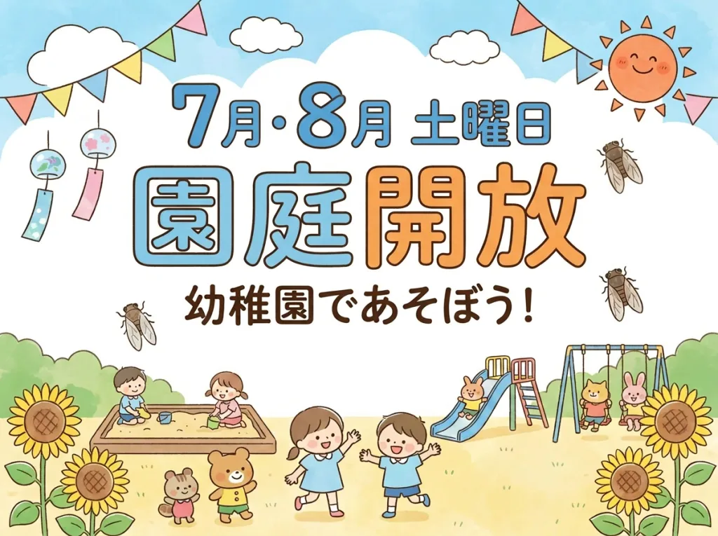 Colorful poster announcing July–August Saturday garden open days for kindergarten; children play in a sunny playground with slides and sandpit.