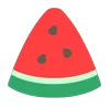 Cartoon watermelon slice with red flesh, black seeds, and a green rind on a light background