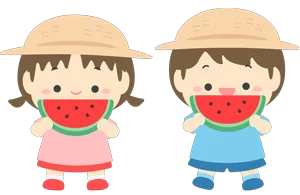 Two children wearing sun hats, a girl in pink and a boy in blue, each holding a slice of watermelon and taking a bite.