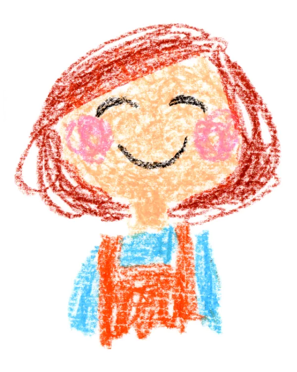 Crayon drawing of a smiling girl with red hair, pink cheeks, wearing a blue shirt and orange overalls.