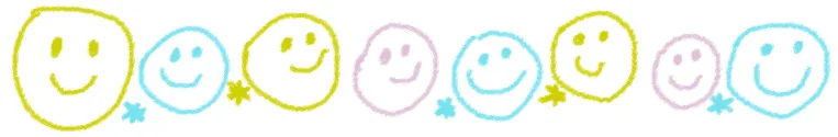 Row of cheerful, hand-drawn smiley faces in yellow, blue, and pink along a white background, with small blue star shapes between some faces.