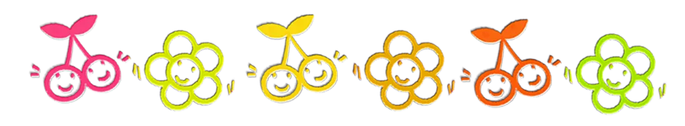 Row of six colorful cartoon fruit/flower icons with smiling faces in a line: pink cherries, lime-green flower, yellow flower, amber flower, orange pair, and lime-green flower.