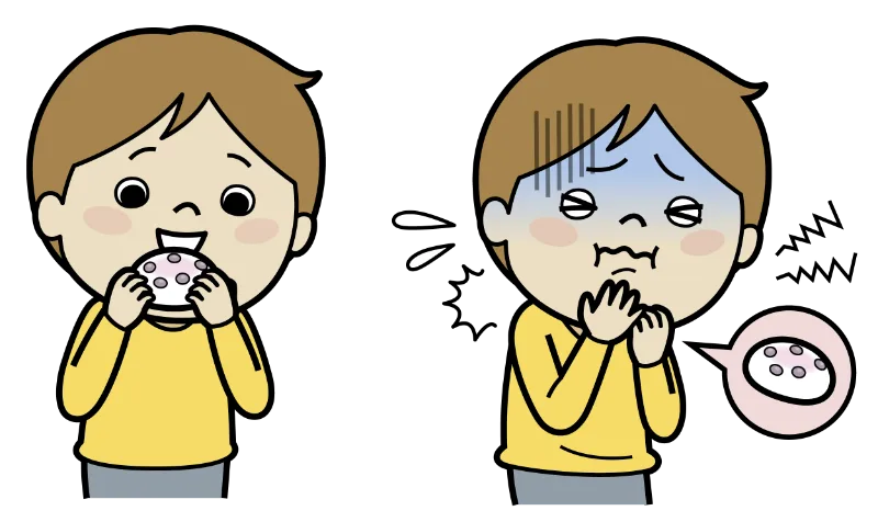 Two-panel cartoon of a boy in a yellow shirt: on the left he happily eats a donut; on the right he looks nauseated with a pale blue face and hands to his mouth.