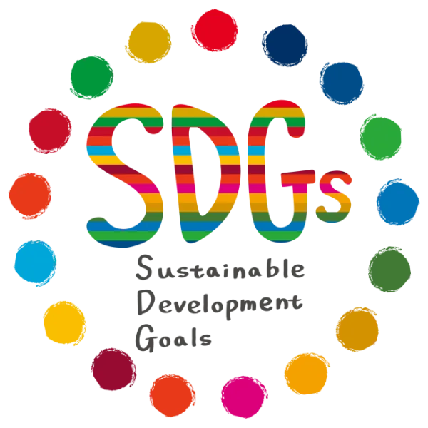 SDG logo with multicolored letters 'SDGs' surrounded by a ring of colored dots, symbolizing Sustainable Development Goals.