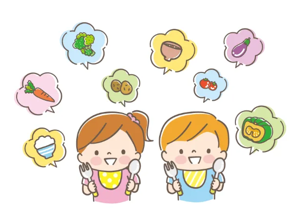 Two smiling kids holding forks and spoons, imagining a variety of vegetables and foods in colorful thought bubbles.