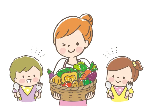 Woman with red hair carries a basket of fresh vegetables while two children stand beside her holding spoons and forks.