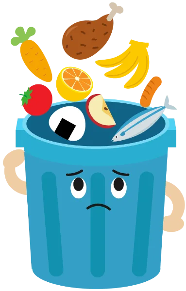 Blue cartoon trash can with a sad face, overflowing with food waste and assorted items spilling out of the lid.