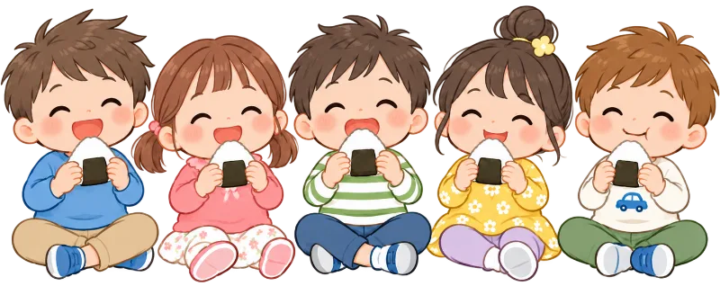 Five smiling children sit in a row, each eating a rice ball wrapped in seaweed from a small lunchbox image.