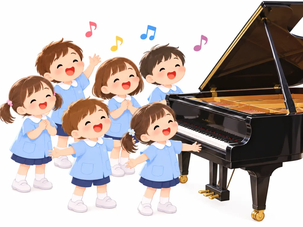 A group of smiling children in blue uniforms singing around a grand piano.